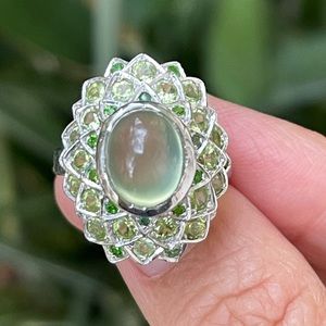 Natural prehnite chrome diopside sterling ring